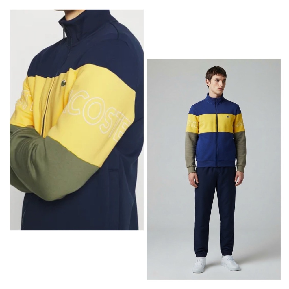 Lacoste Full Zip Track Jacket Mens Medium Blue Yellow Colorblock Sweatshirt Logo